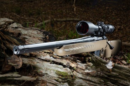 Téléchargez les photos : Fusil de chasse à action par boulon Centerfire avec lunette montée dans une forêt sombre - en image libre de droit