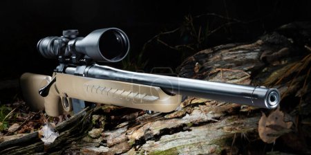 Téléchargez les photos : Fusil et lunette de tir dans une forêt sombre - en image libre de droit