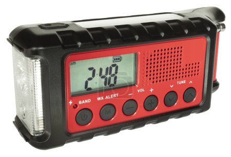 Weather radio ideal for natural disasters with its rechargeable bettery, solar panel, hand crank and flashlight in a portable unit