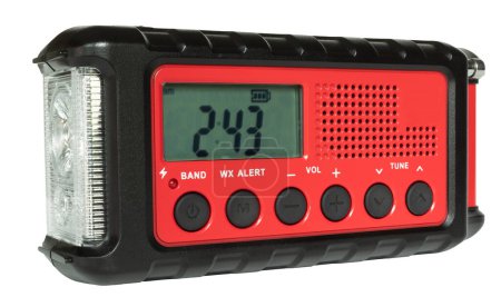 Rechargeable portable weather radio with clock, flashlight, solor panel and hand crank to generate power