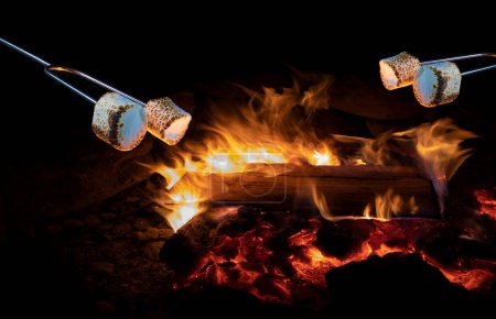Téléchargez les photos : Deux ensembles de marais rôtissant sur un feu ouvert à l'extérieur pendant la soirée - en image libre de droit