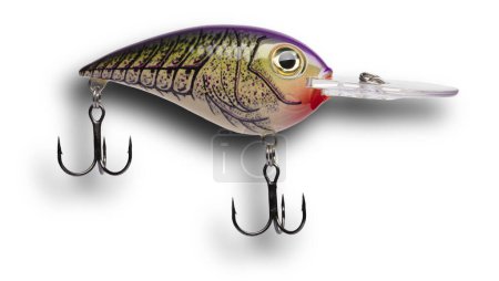 Crankbait that is purple on top and yellow in the belly with shadwo behind