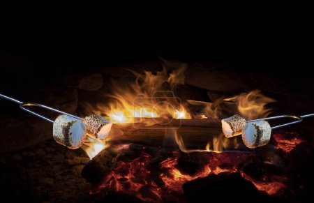 Téléchargez les photos : Guimauves rôtissant sur un feu extérieur la nuit avec de la place pour le texte ci-dessus - en image libre de droit