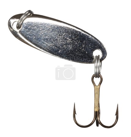 Photo for Shiny spoon for fishing with treble hook below the lure - Royalty Free Image
