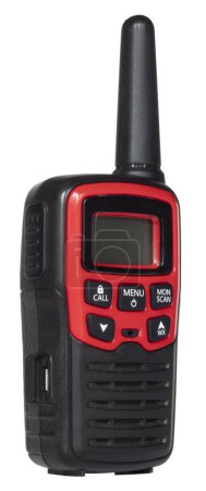 FRS and GMRS walkie-talkie with antenna and LCD frequency display that is red and black seen from a side angle. 