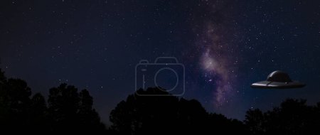 Star filled night with the Milky Way and UFO just above the silhouetted trees