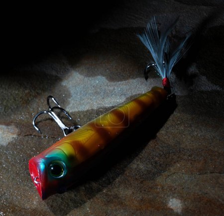 Topwater artificial fishing lure for topwater action that is wet on a rock