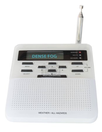 Weather and hazards radio that has received a digital signal from the weather service and displaying the dense fog warning it issued.