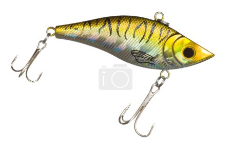 Fishing crankbait with two treble hooks with yellow and silver color isolated.