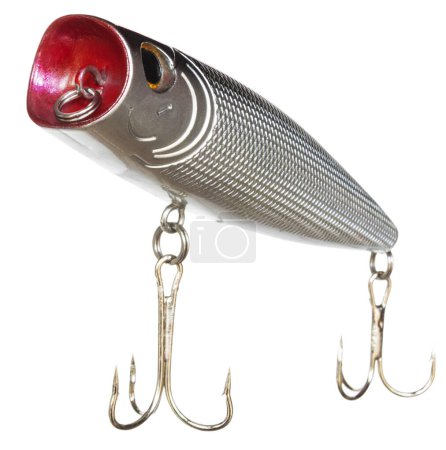 Silver colored topwater artificial fishing bait with a red face and two treble hooks.