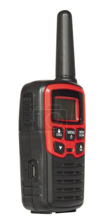 Walkie-talkie with antenna that works on both FRS and GMRS frequencies that is red and black with an LCD display.