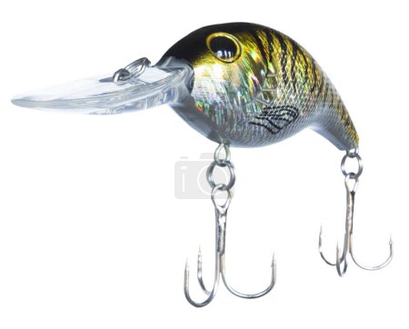 Polymer fishing lure that is used as a crankbait and designed to run deep in the water with gold and silver color and two treble hooks.