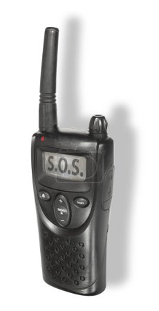 SOS signal showing on a shortwave walkie talkie LCD display with drop shadow behind.