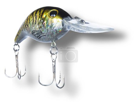 Artificial fishing lure for sportfish with a body designed to keep it down low after casting, a pair of treble hooks and bright gold and silver color.