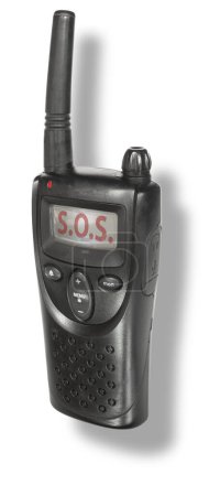 Shadow behind a walkie talkie used by police, busines and ham radio enthusiasts showing someone sent an SOS signal on its LCD Screen.
