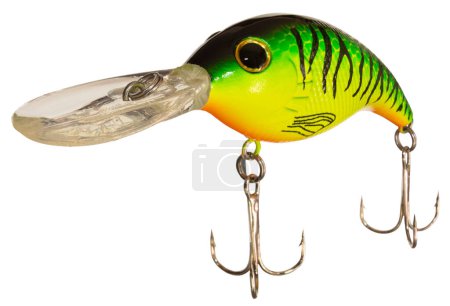Artificial fishing lure that is cast out and reeled in with a pair of treble hooks.