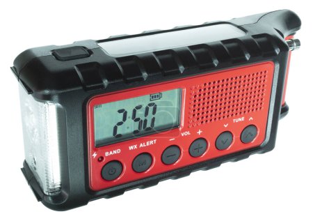 Handy weather radio unit for a disasters that runs on battery power, but has a solar cell and hand crank for if the power goes down, plus a flashlight.