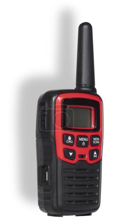 FRS and GMRS walkie-talkie with dropshadow behind and antenna and LCD frequency display that is red and black seen from a side angle. 
