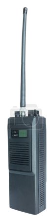 Full length view at an angle of a CB walkie-talkie and loing antenna isolated in a studio shot.