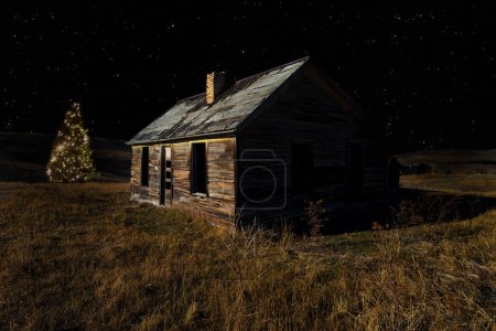 Téléchargez les photos : Cabane de colons abandonnés à l'ouest faite de bois en décomposition avec un arbre de Noël à l'extérieur et des étoiles brillantes dans le ciel au-dessus de la nuit. - en image libre de droit