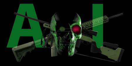 Artificial intelligence skull with red and green eyes on a black background with a bolt action rifle and AR-15 behind.