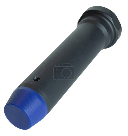 Assault rifle buffer weight isolated in a studio photo that has a black main tube and blue tip.