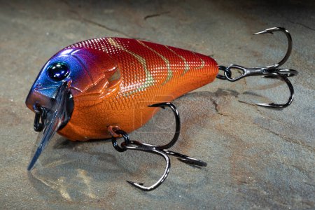 Orange and purple fishing bait on a sparkling rock