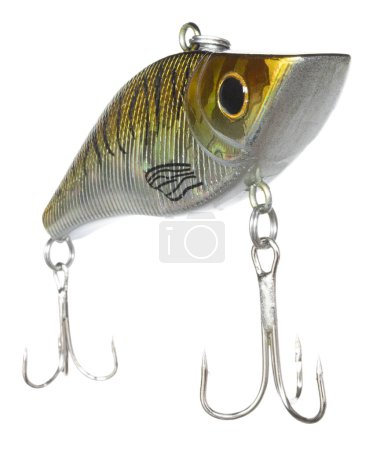 Crankbait with two treble hooks and yellow and brown color ideal for fishing.