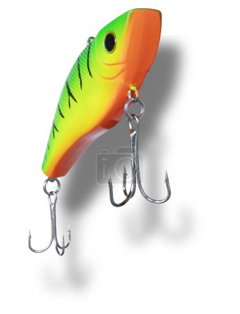 Two treble hooks and drop shadow underneath an artificial fishing bait usually used when pursuing largemouth bass.