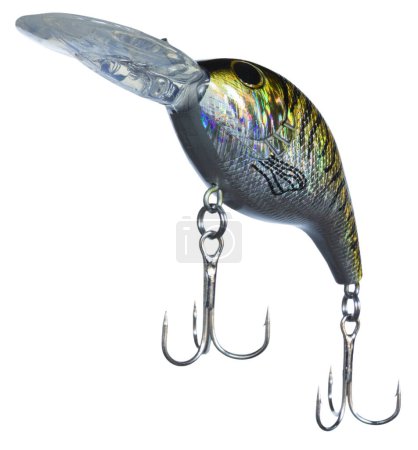 Fake fishing bait that after being cast out is retrieved with gold and silver color and a pair of treble hooks.