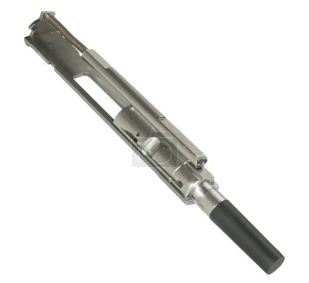 Assault rifle bolt carrier group used to convert an assault rifle to use smaller ammunition with a rubber protective cap on its chamber end before installation.