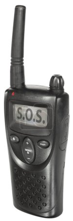 SOS signal showing on the LCD display of an isolated walkie talkie with a short antenna.