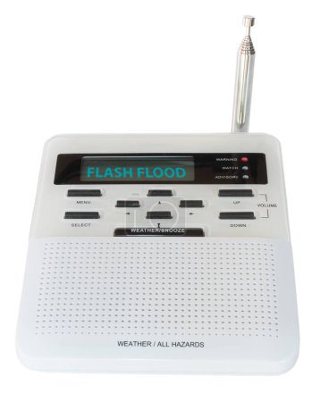 Hazard and weather radio that has sounded an audible alarm and is showing a flash flood warning issued by the government for the region. 