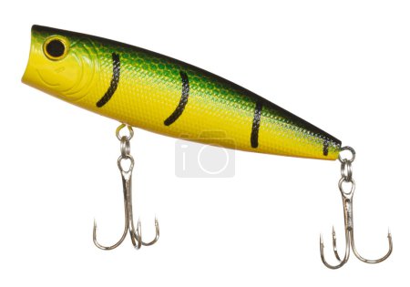 Green and yellow fishing bait used for retrieving on the surface with two treble hooks. 
