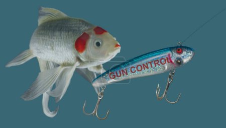 Big white fish in the background as a gun control fishing lure swims by in a blue background.