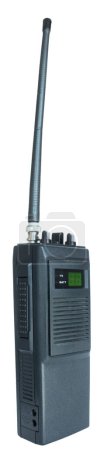 Walkie-talkie for use on CB airwaves seen from the push to talk button side isolated in a studio shot.