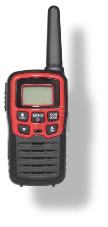 Walkie-talkie with shadow behind that is red and white with an LCD display and antenna for use on FRS and GMRS frequencies on a white background.