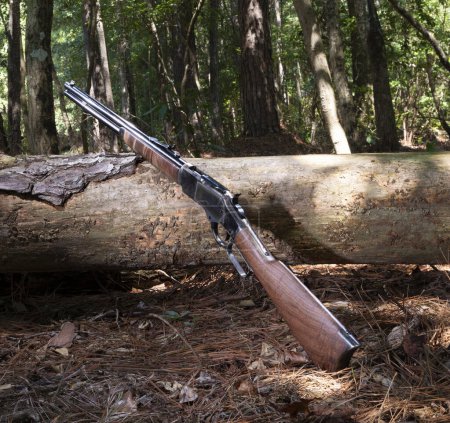 Cowboy lever action rifle that is carbine length against a dead tree in the woods.