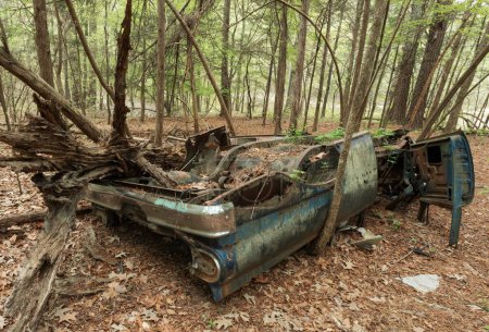 Rouille voiture antique sur son toit s'effondre lentement dans la forêt au-dessus du lac Jordan en Caroline du Nord. 