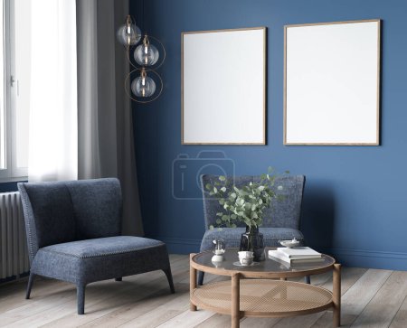 Foto de Interior oscuro de la sala de estar, sofá azul con accesorios para el hogar de madera en el moderno y acogedor apartamento, 3d render - Imagen libre de derechos