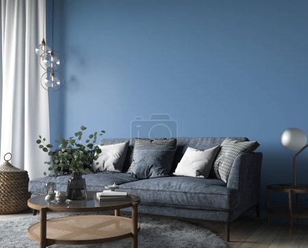 Photo for Dark living room interior, blue sofa with wooden home accessories in modern cozy apartment, 3d render - Royalty Free Image