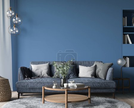 Foto de Interior oscuro de la sala de estar, sofá azul con accesorios para el hogar de madera en el moderno y acogedor apartamento, 3d render - Imagen libre de derechos