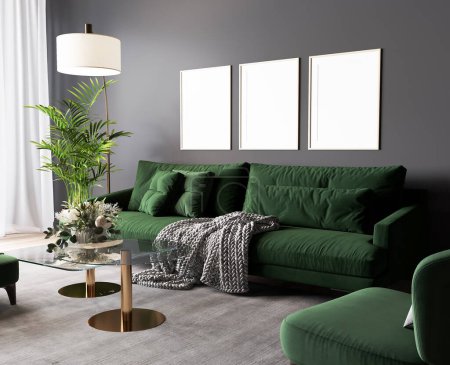 Foto de Diseño oscuro de lujo de la sala de estar, muebles verdes en la pared gris en diseño moderno, 3d render - Imagen libre de derechos