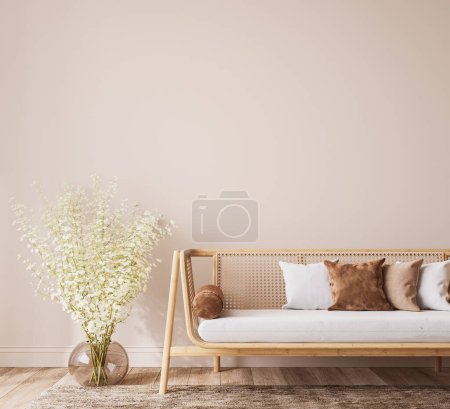 Foto de Maqueta de pared en el diseño de la habitación de la granja, muebles de madera y ratán en la sala de estar beige, 3d render - Imagen libre de derechos
