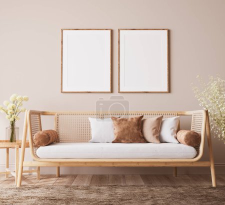 Foto de Marco del cartel maqueta en el diseño de la habitación de la granja, muebles de madera y ratán en la sala de estar beige, 3d render - Imagen libre de derechos