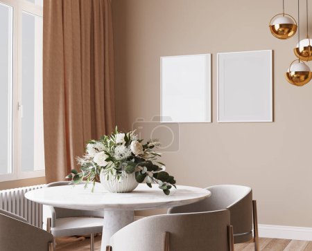 Foto de Diseño de comedor de lujo, apartamento interior beige brillante, 3d render - Imagen libre de derechos