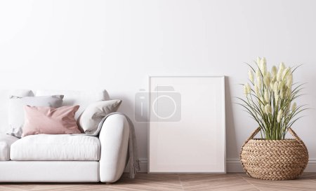 Foto de Marco del cartel maqueta en el diseño moderno de la sala de estar, interior brillante con sofá rosa y blanco sobre un fondo mínimo, 3d render - Imagen libre de derechos