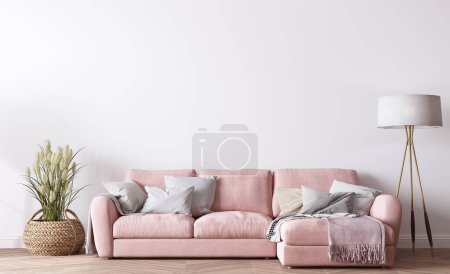 Foto de Diseño moderno de la sala de estar, interior luminoso con sofá rosa sobre fondo blanco minimalista, 3d render - Imagen libre de derechos