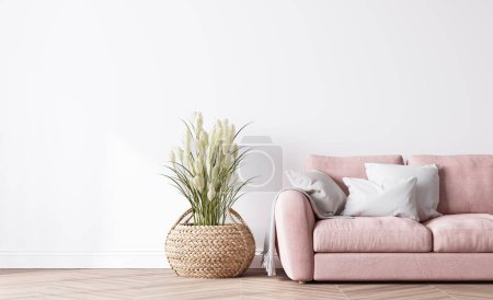 Foto de Diseño moderno de la sala de estar, interior luminoso con sofá rosa sobre fondo blanco minimalista, 3d render - Imagen libre de derechos