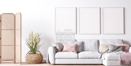 Foto de Marco del cartel maqueta en el diseño moderno de la sala de estar, interior brillante con sofá rosa y blanco sobre un fondo mínimo, 3d render - Imagen libre de derechos